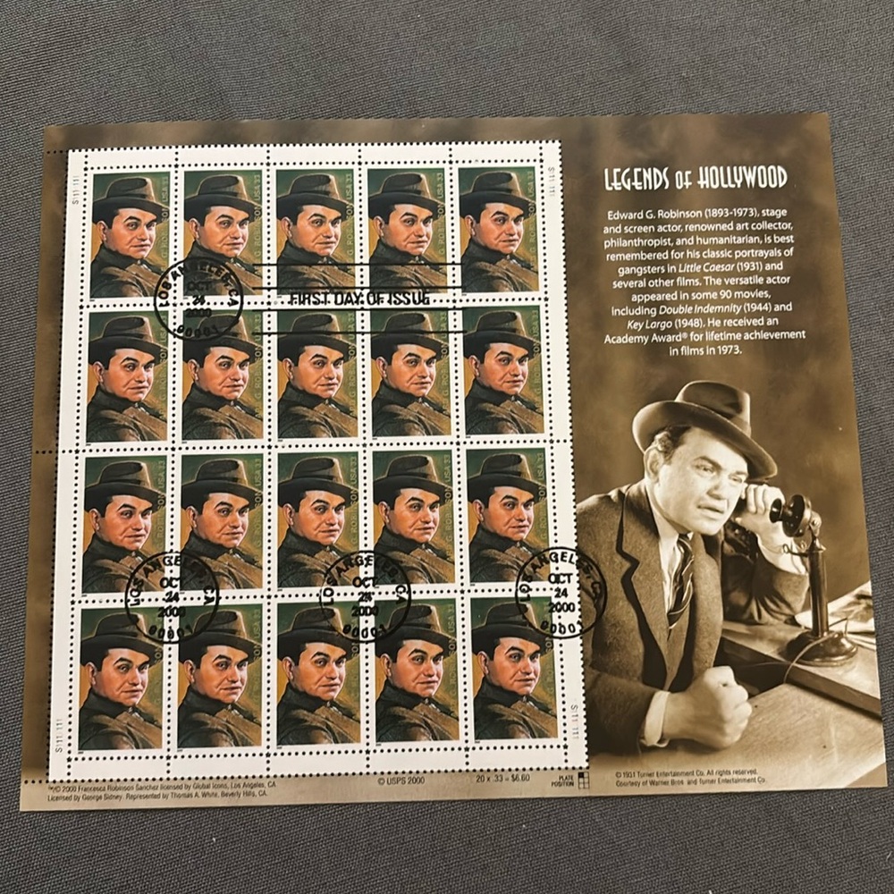 Collectable Stamps! James Cagney Legends of  Hollywood. First Day of Issue